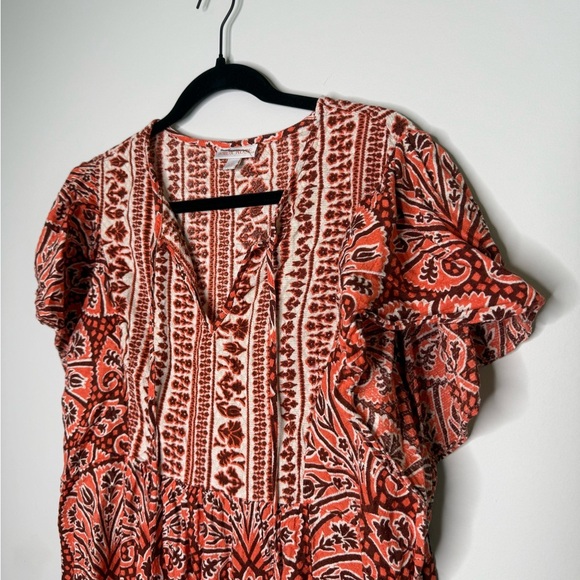 Knox Rose Ruffle Short-Sleeve A-Line Dress in orange, brown, and white paisley - Picture 8 of 8